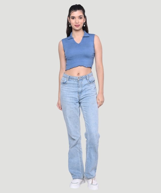 Women's Blue Solid Sleeveless Regular Fit Top