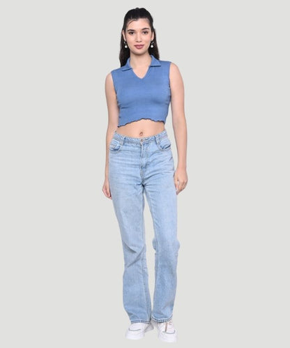 Women's Blue Solid Sleeveless Regular Fit Top