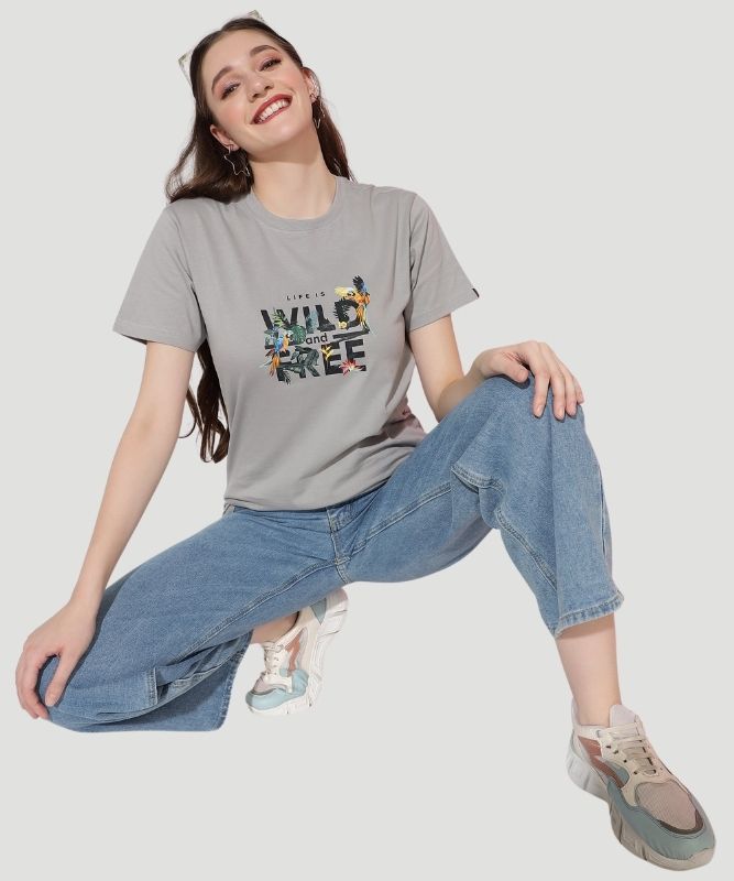 Women's Grey Graphic Print Half Sleeves Regular Fit T-Shirt