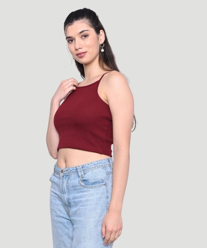 Women's Maroon Solid Noodle strap Slim Fit Top