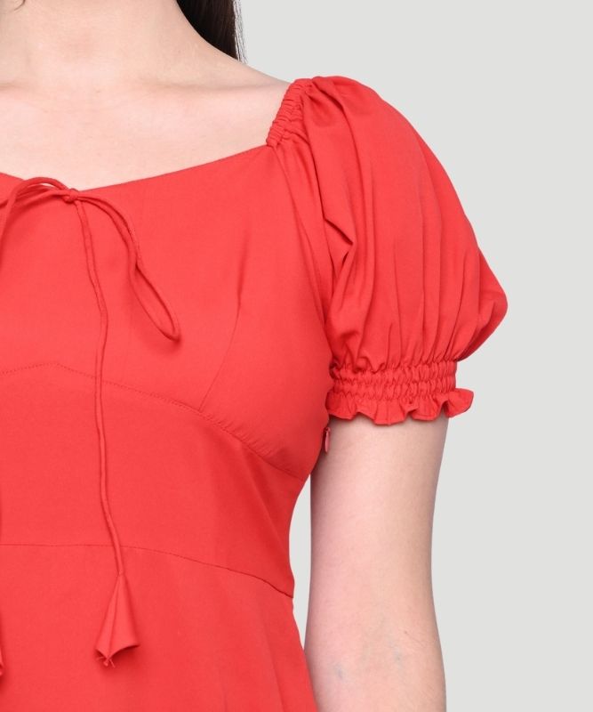 Indusvale Women's Red Solid Regular Fit A-line Midi Dress