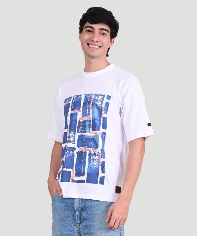 Men's White Graphic Print Half Sleeves Oversized Fit T-Shirt