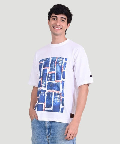 Men's White Graphic Print Half Sleeves Oversized Fit T-Shirt
