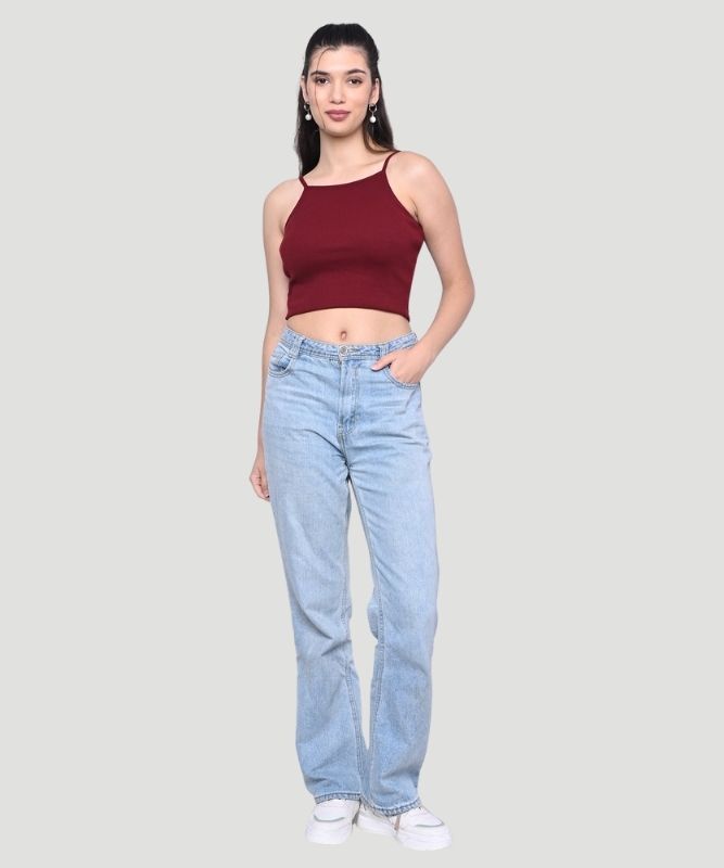 Women's Maroon Solid Noodle strap Slim Fit Top