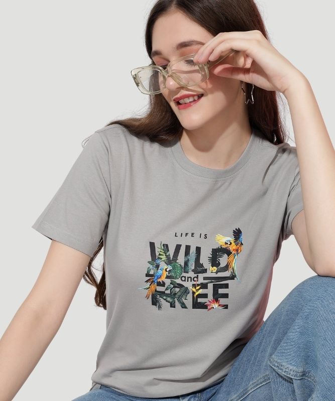 Women's Grey Graphic Print Half Sleeves Regular Fit T-Shirt
