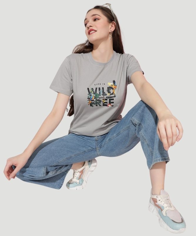 Women's Grey Graphic Print Half Sleeves Regular Fit T-Shirt
