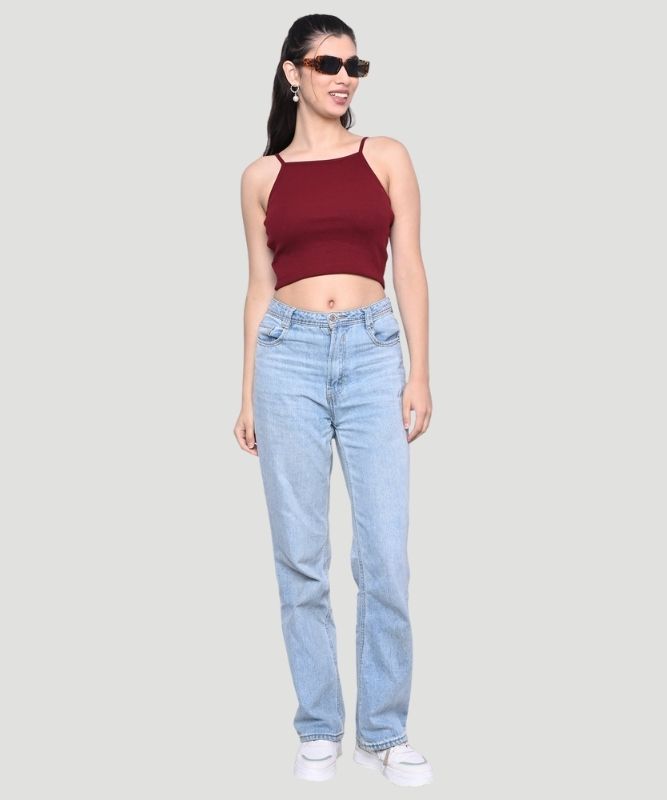 Women's Maroon Solid Noodle strap Slim Fit Top