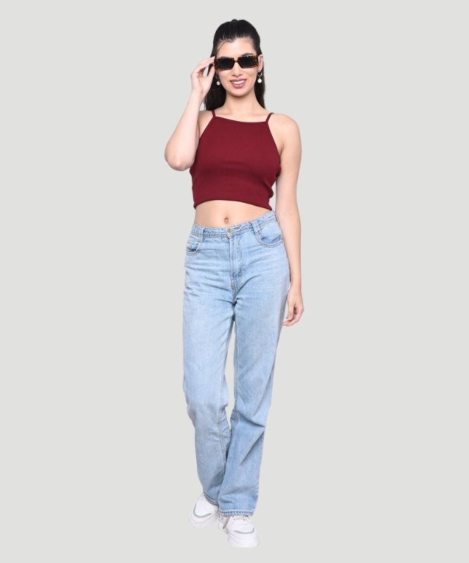 Women's Maroon Solid Noodle strap Slim Fit Top