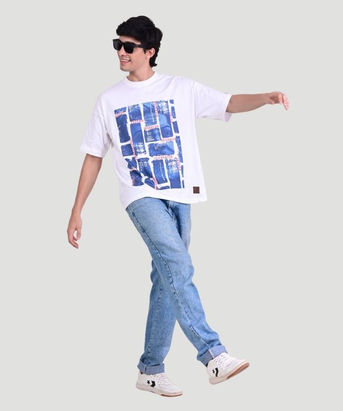 Men's White Graphic Print Half Sleeves Oversized Fit T-Shirt