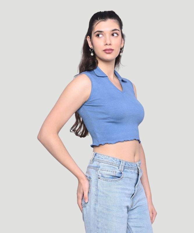 Women's Blue Solid Sleeveless Regular Fit Top
