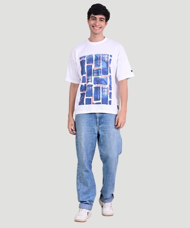 Men's White Graphic Print Half Sleeves Oversized Fit T-Shirt