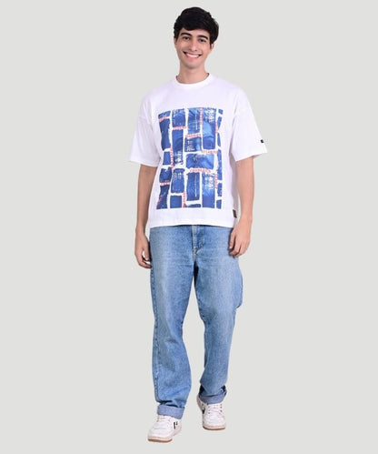 Men's White Graphic Print Half Sleeves Oversized Fit T-Shirt