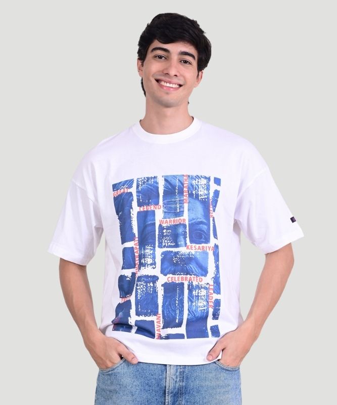 Men's White Graphic Print Half Sleeves Oversized Fit T-Shirt