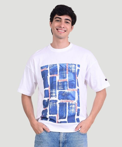 Men's White Graphic Print Half Sleeves Oversized Fit T-Shirt