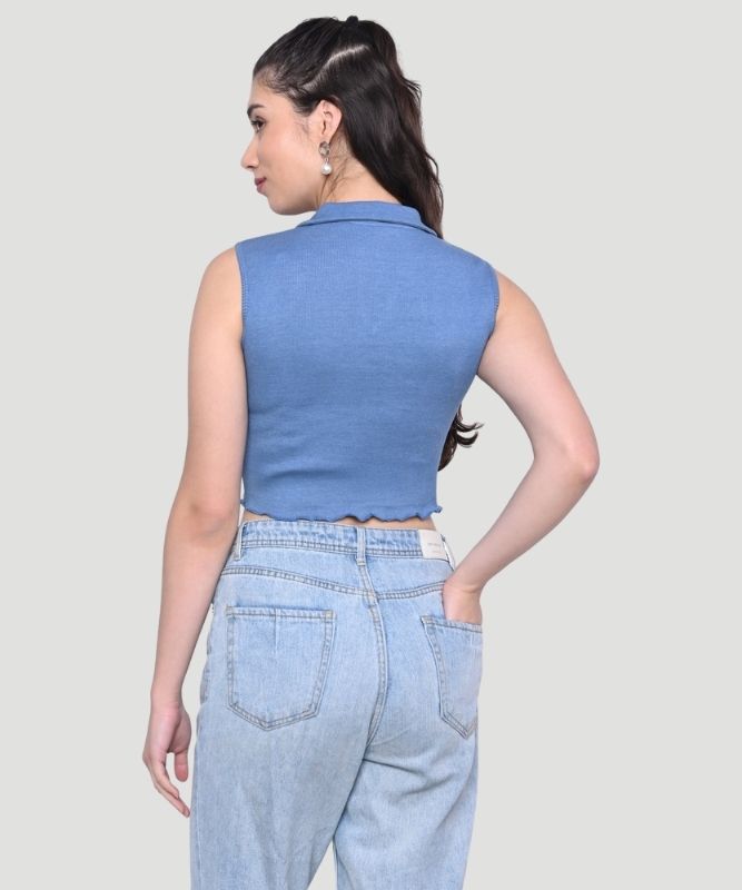 Women's Blue Solid Sleeveless Regular Fit Top