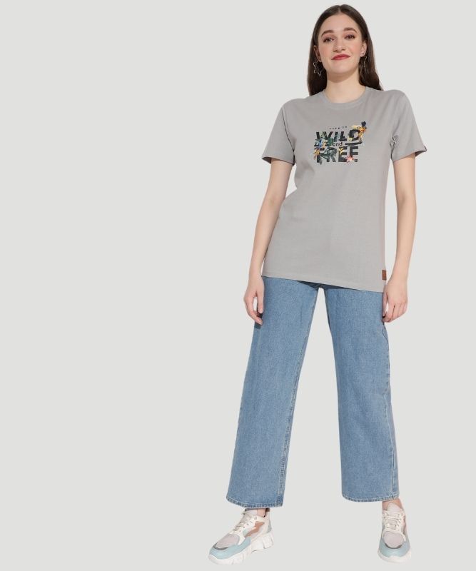 Women's Grey Graphic Print Half Sleeves Regular Fit T-Shirt