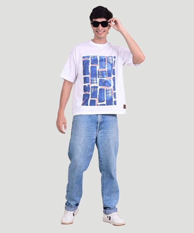 Men's White Graphic Print Half Sleeves Oversized Fit T-Shirt