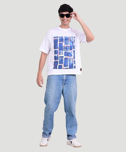 Men's White Graphic Print Half Sleeves Oversized Fit T-Shirt