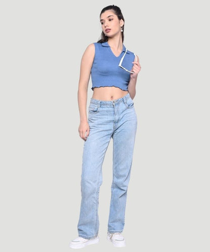 Women's Blue Solid Sleeveless Regular Fit Top
