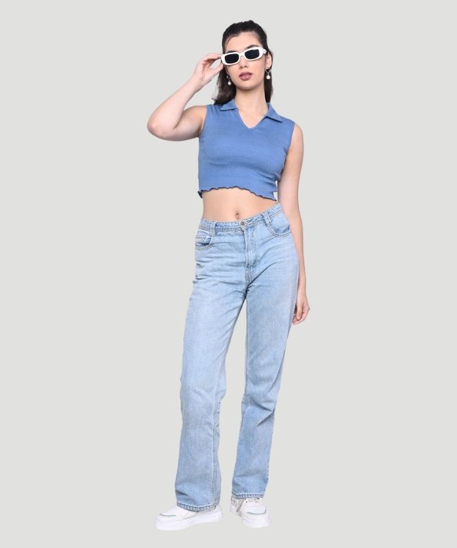 Women's Blue Solid Sleeveless Regular Fit Top