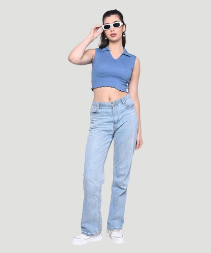 Women's Blue Solid Sleeveless Regular Fit Top