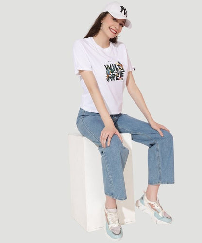 Women's White Graphic Print Half Sleeves Regular Fit T-Shirt