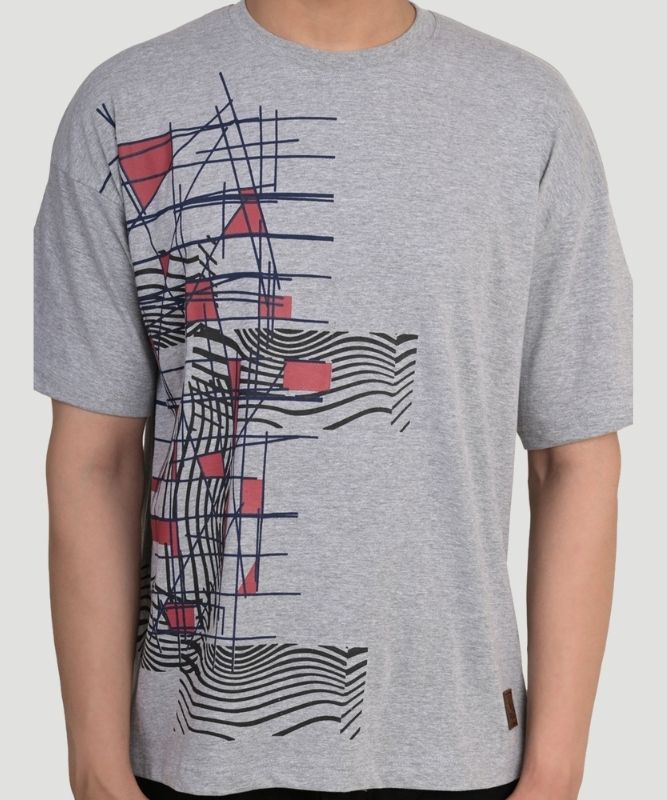 Men's Grey Geometric Print Half Sleeves Oversized Fit T-Shirt