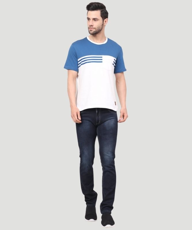 Men's White Colorblock Half Sleeves Regular Fit T-Shirt