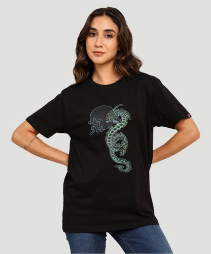 Women's Black Graphic Print Half Sleeves Oversized Fit T-Shirt
