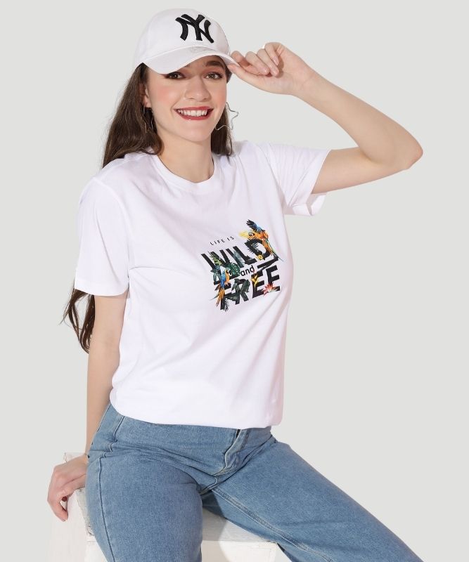 Women's White Graphic Print Half Sleeves Regular Fit T-Shirt