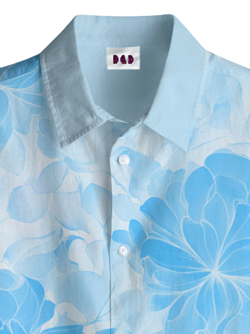 AI Imagined Sky Blue Flower Shadow Men's Collar Shirt