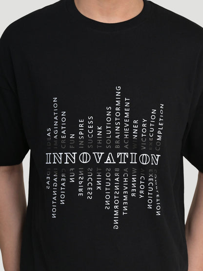 Men's Typography Round Neck Pure Cotton Oversize Black T-shirt