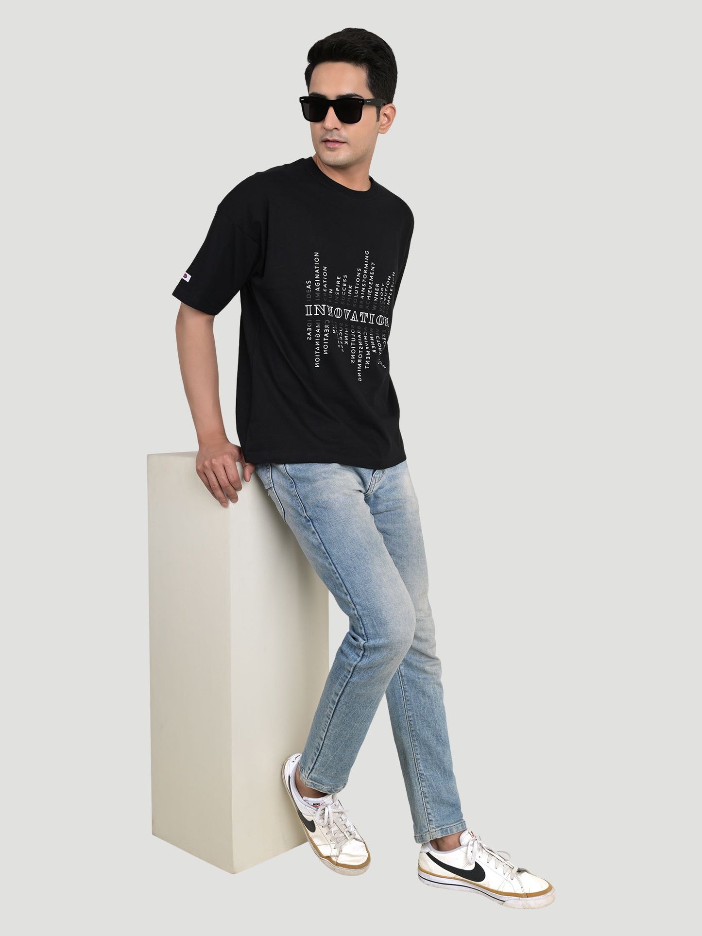 Men's Typography Round Neck Pure Cotton Oversize Black T-shirt