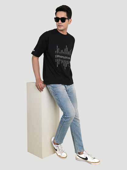 Men's Typography Round Neck Pure Cotton Oversize Black T-shirt