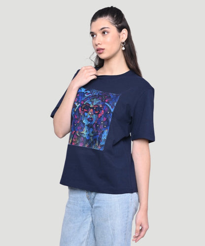 Women's Blue Grpahic Print Half Sleeves Regular Fit T-Shirt
