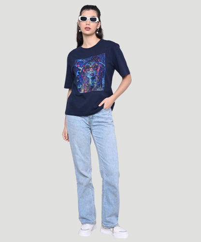 Women's Blue Grpahic Print Half Sleeves Regular Fit T-Shirt