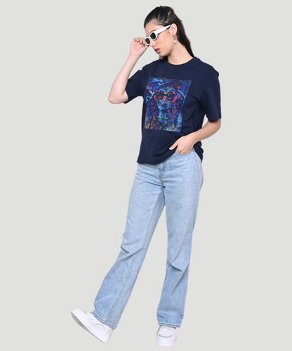Women's Blue Grpahic Print Half Sleeves Regular Fit T-Shirt