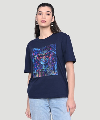 Women's Blue Grpahic Print Half Sleeves Regular Fit T-Shirt
