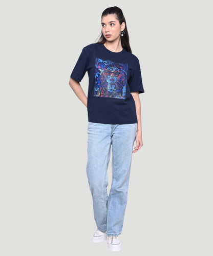 Women's Blue Grpahic Print Half Sleeves Regular Fit T-Shirt